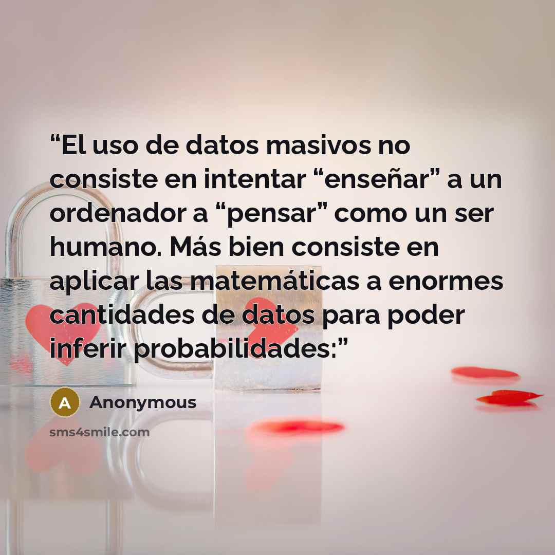 “El uso de datos masivos no consiste en intentar “enseñar” a un ordenador a “pensar” como un ser humano. Más bien consiste en aplicar las matemáticas a enormes cantidades de datos para poder inferir probabilidades:” quote by Anonymous