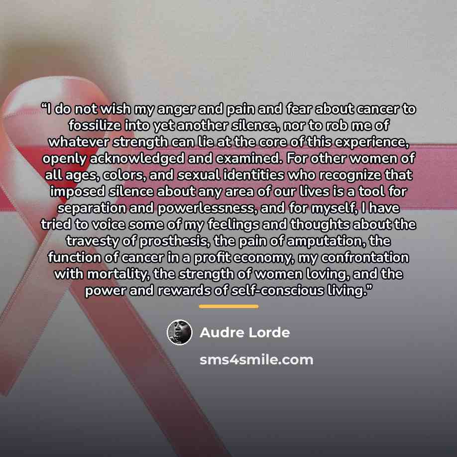 “I do not wish my anger and pain and fear about cancer to fossilize into yet another silence, nor to rob me of whatever strength can lie at the core of this experience, openly acknowledged and examined. For other women of all ages, colors, and sexual identities who recognize that imposed silence…” quote by Audre Lorde