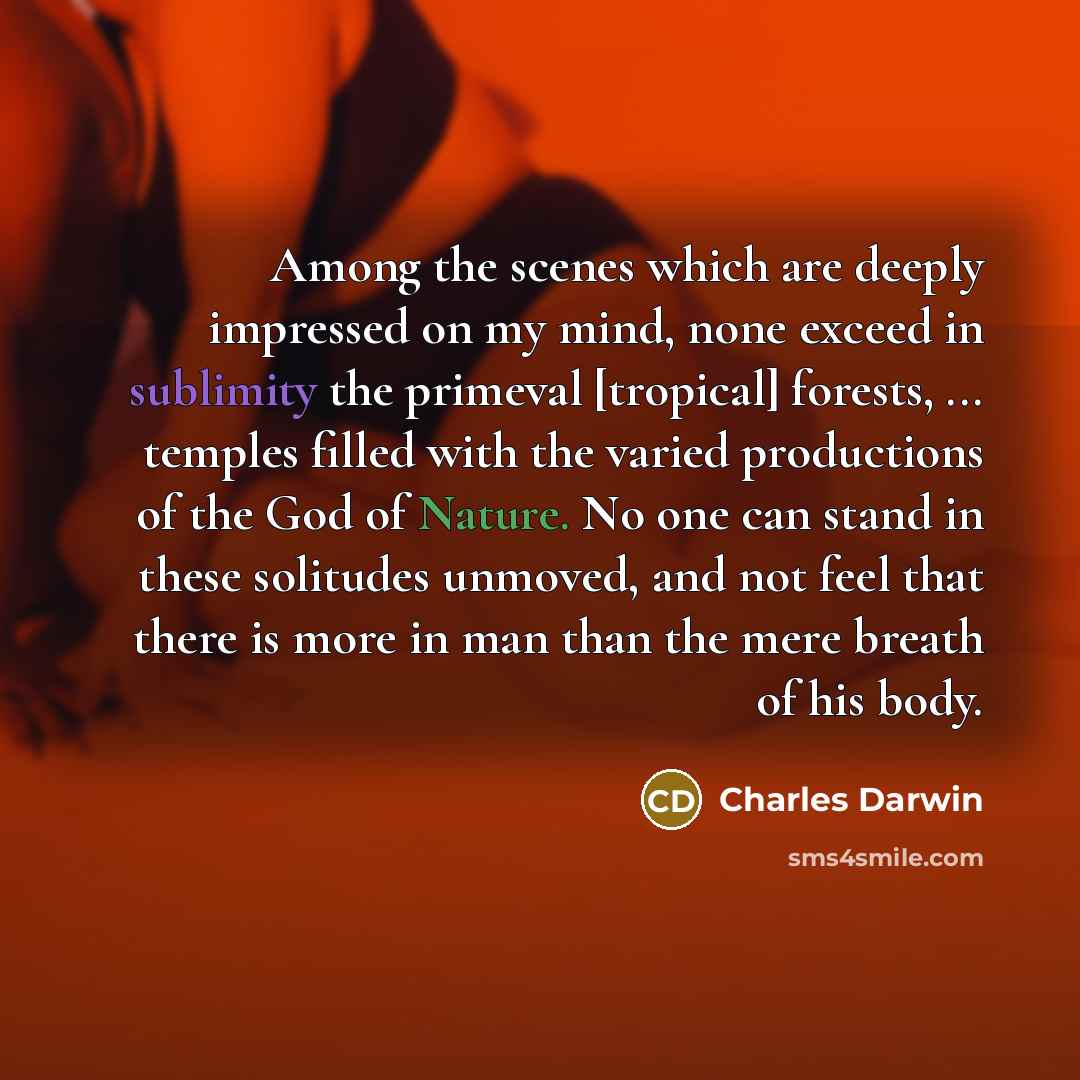 “Among the scenes which are deeply impressed on my mind, none exceed in sublimity the primeval [tropical] forests, ... temples filled with the varied productions of the God of Nature. No one can stand in these solitudes unmoved, and not feel that there is more in man than the mere breath of his body.” quote by Charles Darwin