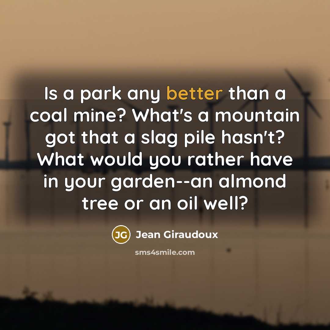 “Is a park any better than a coal mine? What's a mountain got that a slag pile hasn't? What would you rather have in your garden--an almond tree or an oil well?” quote by Jean Giraudoux