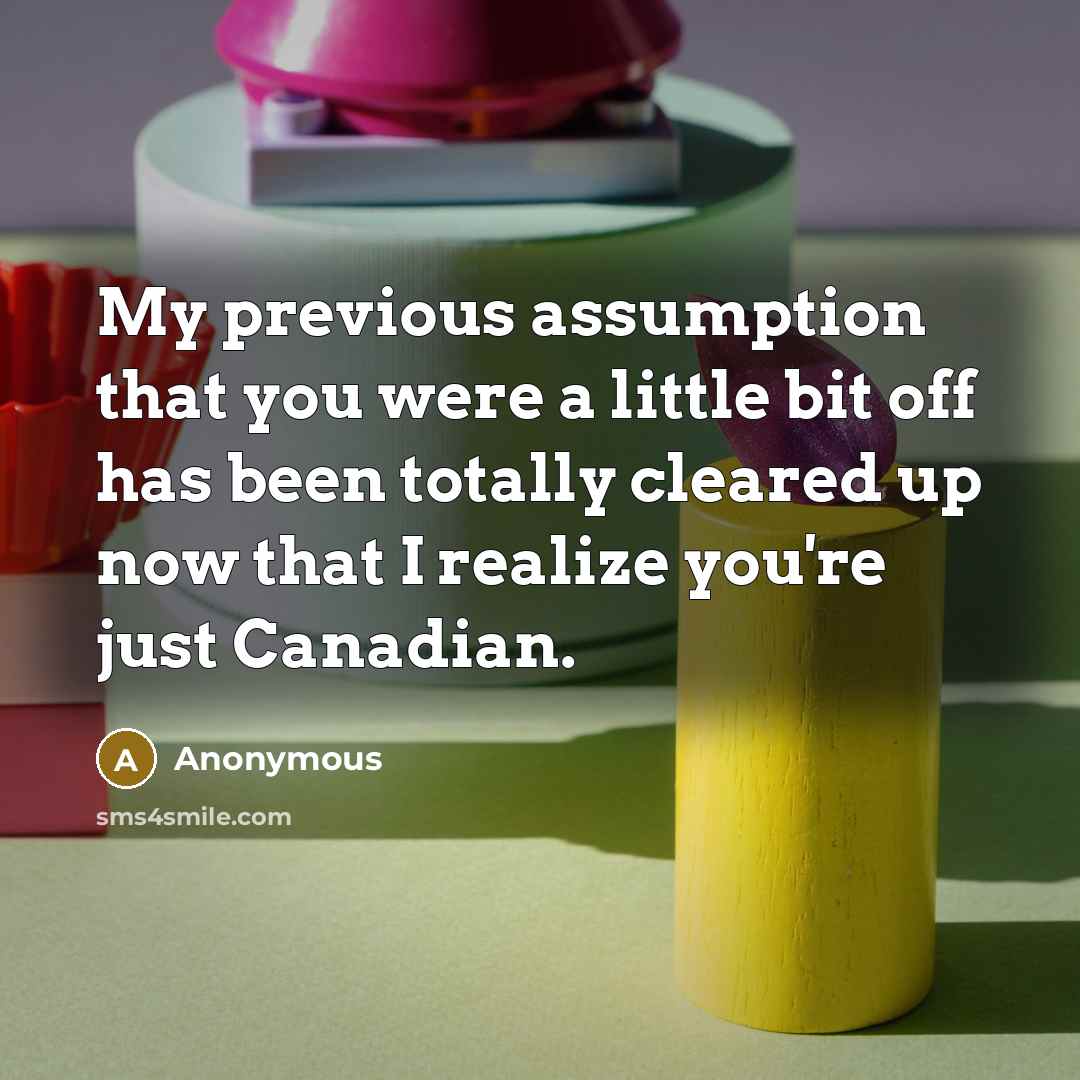 “My previous assumption that you were a little bit off has been totally cleared up now that I realize you're just Canadian.” quote by Anonymous
