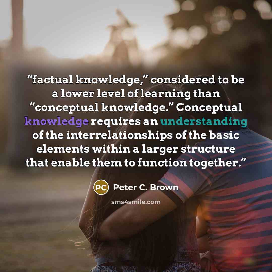 “factual knowledge,” considered to be a lower level of learning than “conceptual knowledge.” Conceptual knowledge requires an understanding of the interrelationships of the basic elements within a larger structure that enable them to function together.” quote by Peter C. Brown