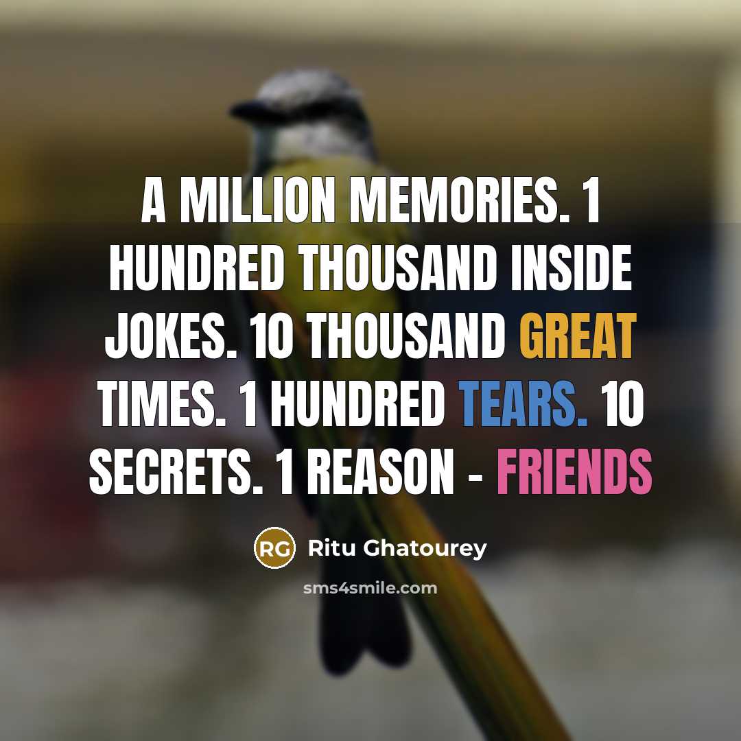 “A million memories. 1 hundred thousand inside jokes. 10 thousand great times. 1 hundred tears. 10 secrets. 1 reason - Friends” quote by Ritu Ghatourey