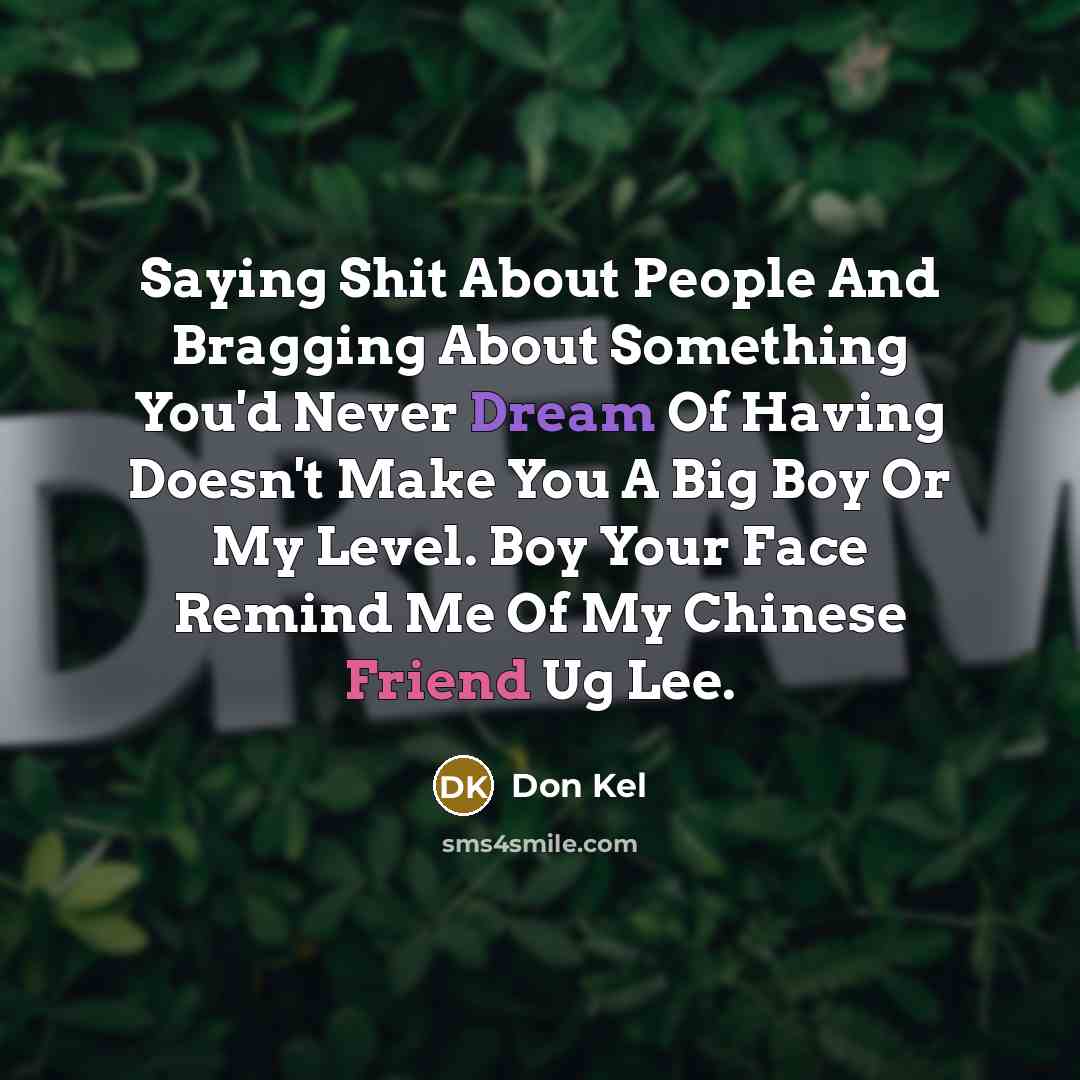 “Saying Shit About People And Bragging About Something You'd Never Dream Of Having Doesn't Make You A Big Boy Or My Level. Boy Your Face Remind Me Of My Chinese Friend Ug Lee.” quote by Don Kel