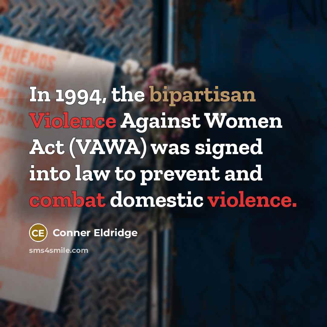 “In 1994, the bipartisan Violence Against Women Act (VAWA) was signed into law to prevent and combat domestic violence.” quote by Conner Eldridge