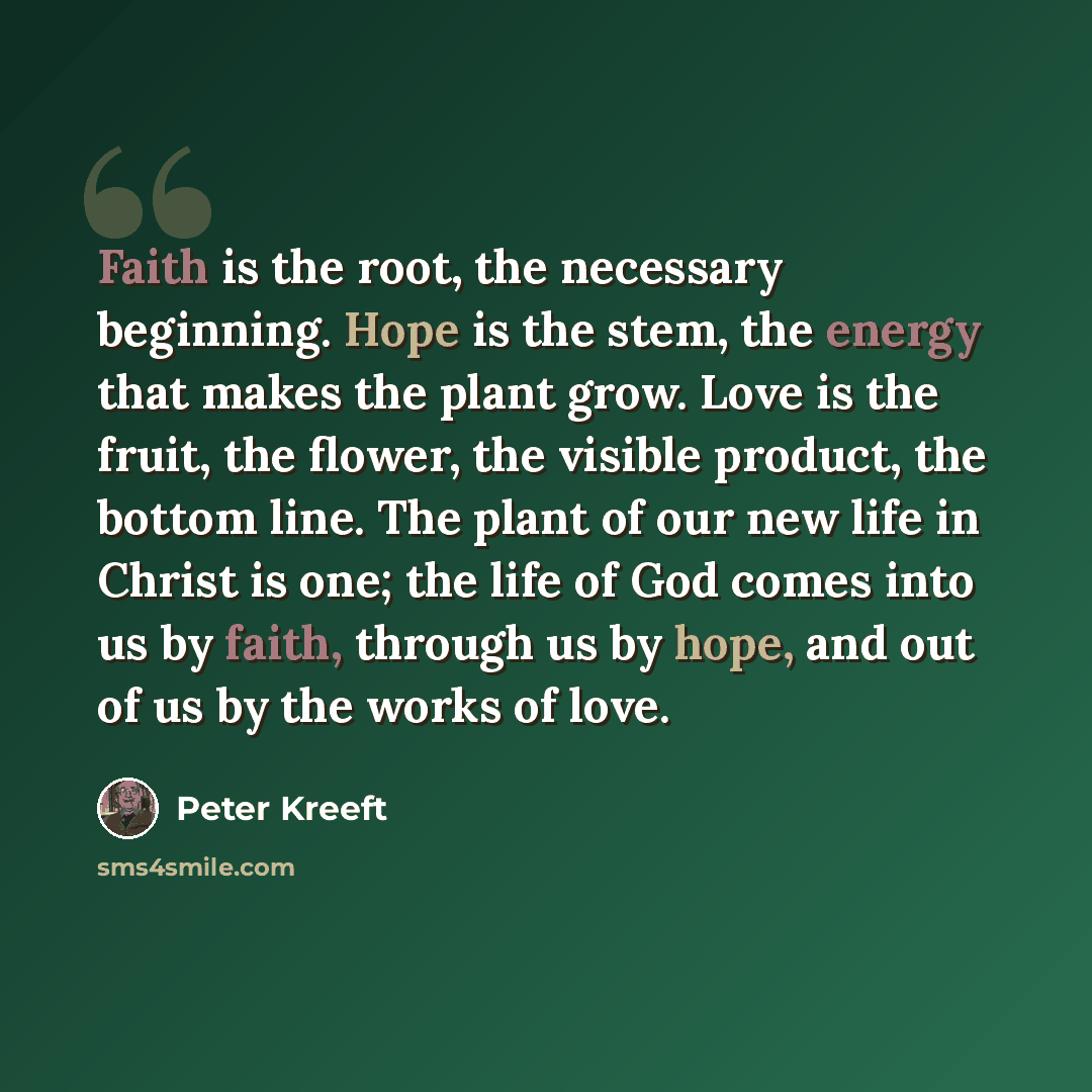 “Faith is the root, the necessary beginning. Hope is the stem, the energy that makes the plant grow. Love is the fruit, the flower, the visible product, the bottom line. The plant of our new life in Christ is one; the life of God comes into us by faith, through us by hope, and out of us by the…” quote by Peter Kreeft
