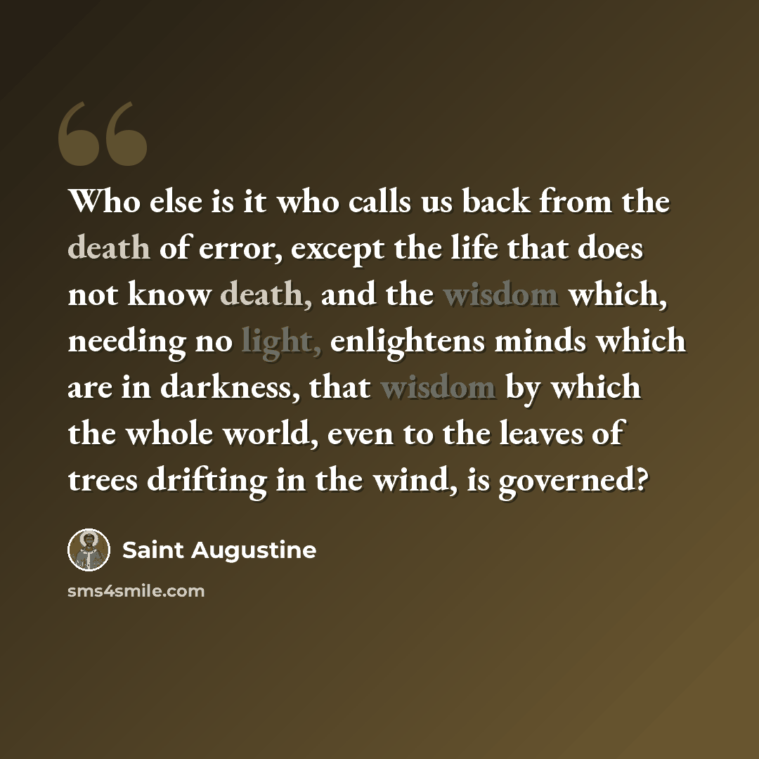 “Who else is it who calls us back from the death of error, except the life that does not know death, and the wisdom which, needing no light, enlightens minds which are in darkness, that wisdom by which the whole world, even to the leaves of trees drifting in the wind, is governed?” quote by Saint Augustine