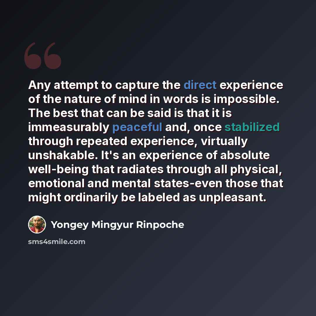 “Any attempt to capture the direct experience of the nature of mind in words is impossible. The best that can be said is that it is immeasurably peaceful and, once stabilized through repeated experience, virtually unshakable. It's an experience of absolute well-being that radiates through all…” quote by Yongey Mingyur Rinpoche