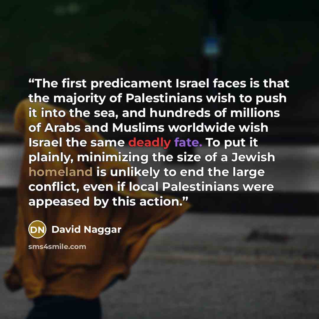 “The first predicament Israel faces is that the majority of Palestinians wish to push it into the sea, and hundreds of millions of Arabs and Muslims worldwide wish Israel the same deadly fate. To put it plainly, minimizing the size of a Jewish homeland is unlikely to end the large conflict, even if…” quote by David Naggar