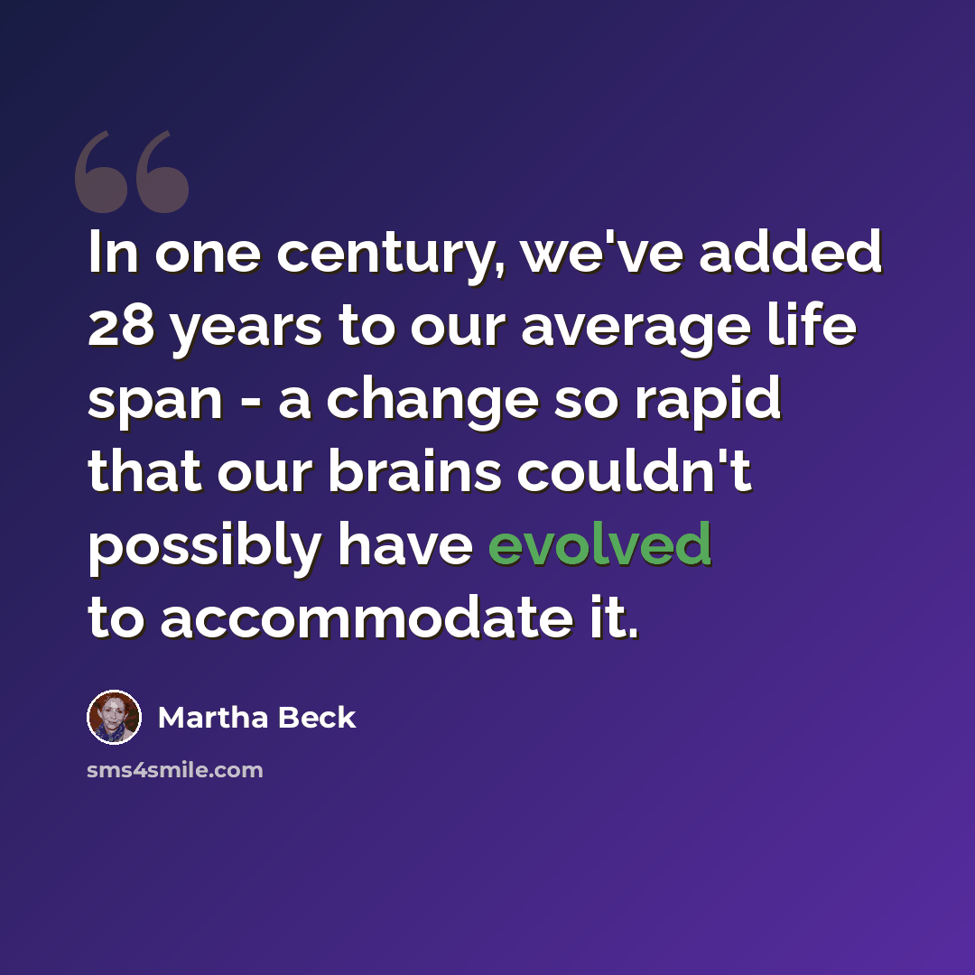 “In one century, we've added 28 years to our average life span - a change so rapid that our brains couldn't possibly have evolved to accommodate it.” quote by Martha Beck