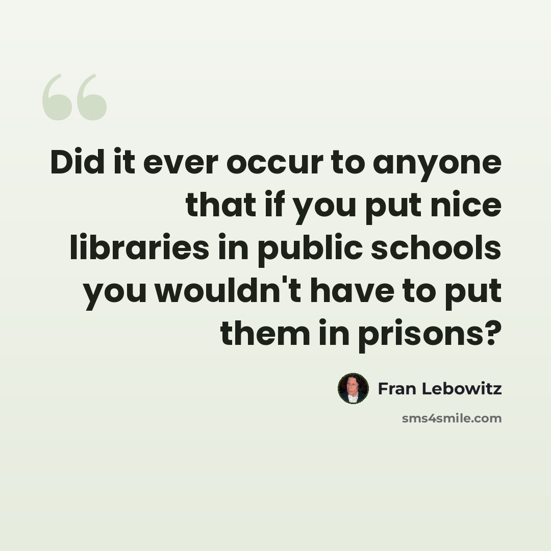 “Did it ever occur to anyone that if you put nice libraries in public schools you wouldn't have to put them in prisons?” quote by Fran Lebowitz