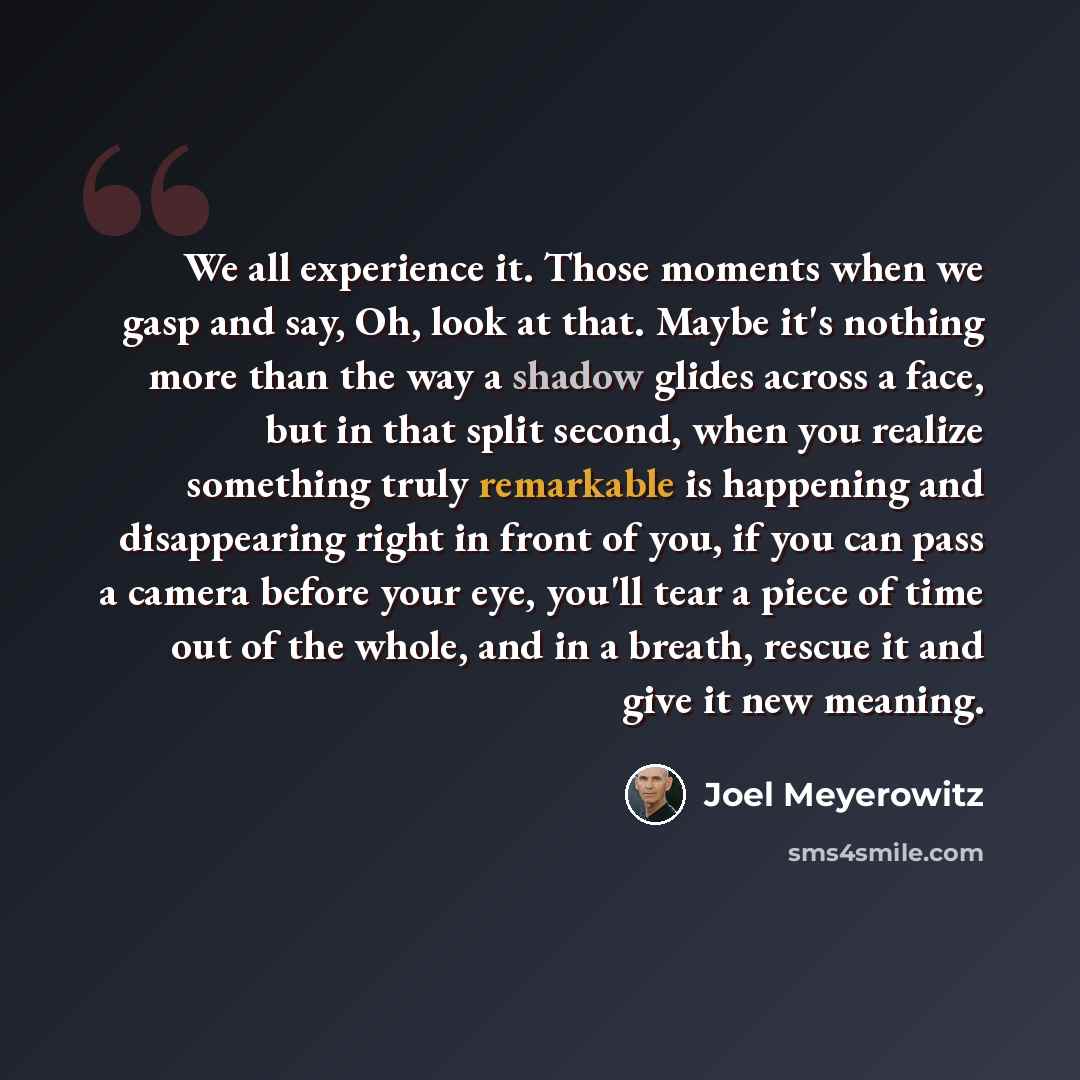 “We all experience it. Those moments when we gasp and say, Oh, look at that. Maybe it's nothing more than the way a shadow glides across a face, but in that split second, when you realize something truly remarkable is happening and disappearing right in front of you, if you can pass a camera before…” quote by Joel Meyerowitz