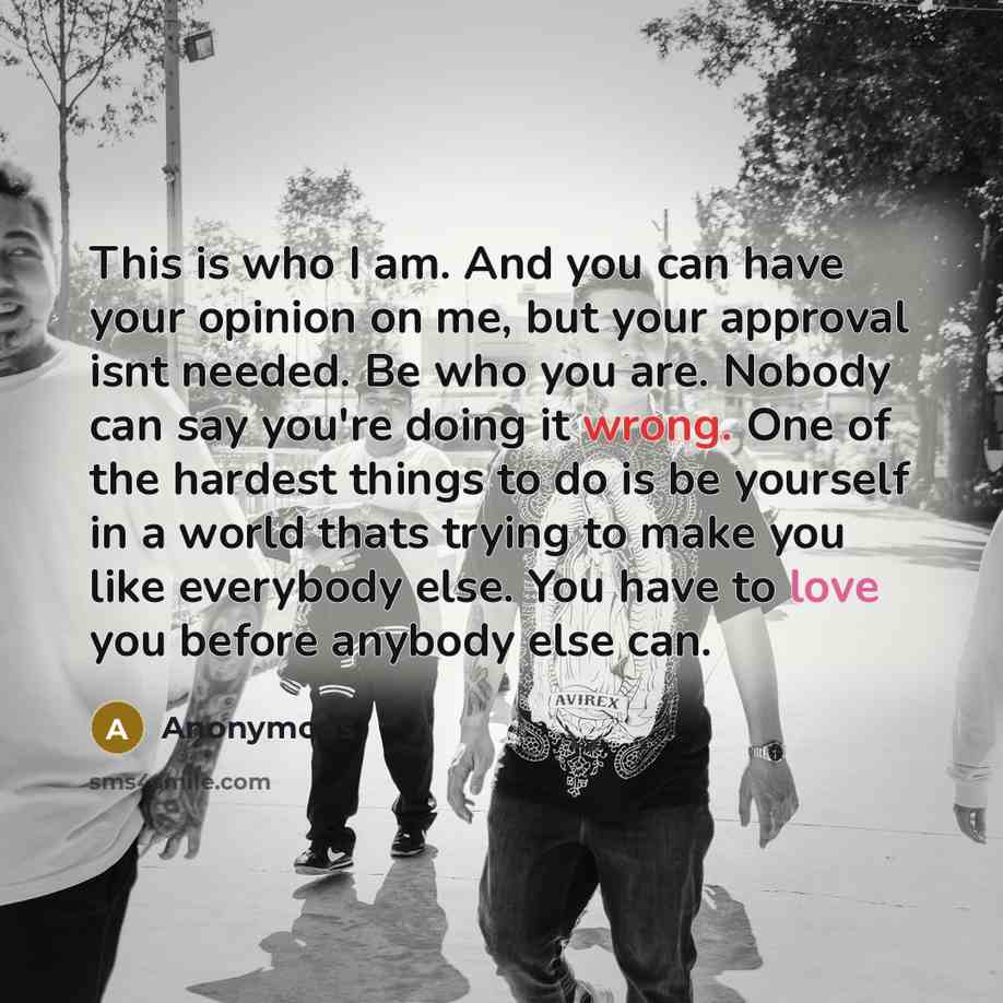 “This is who I am. And you can have your opinion on me, but your approval isnt needed. Be who you are. Nobody can say you're doing it wrong. One of the hardest things to do is be yourself in a world thats trying to make you like everybody else. You have to love you before anybody else can.” quote by Anonymous