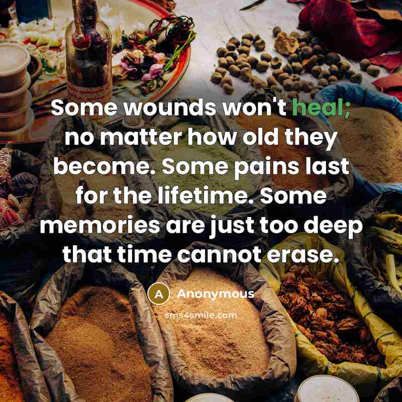 “Some wounds won't heal; no matter how old they become. Some pains last for the lifetime. Some memories are just too deep that time cannot erase.” quote by Anonymous