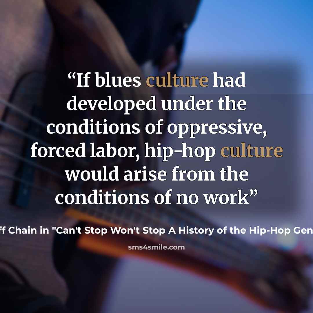 “If blues culture had developed under the conditions of oppressive, forced labor, hip-hop culture would arise from the conditions of no work” quote by Jeff Chain in "Can't Stop Won't Stop A History of the Hip-Hop Generation