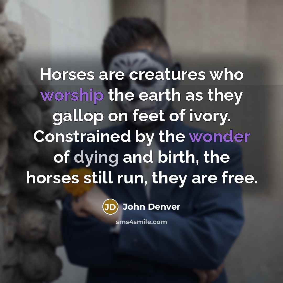 “Horses are creatures who worship the earth as they gallop on feet of ivory. Constrained by the wonder of dying and birth, the horses still run, they are free.” quote by John Denver