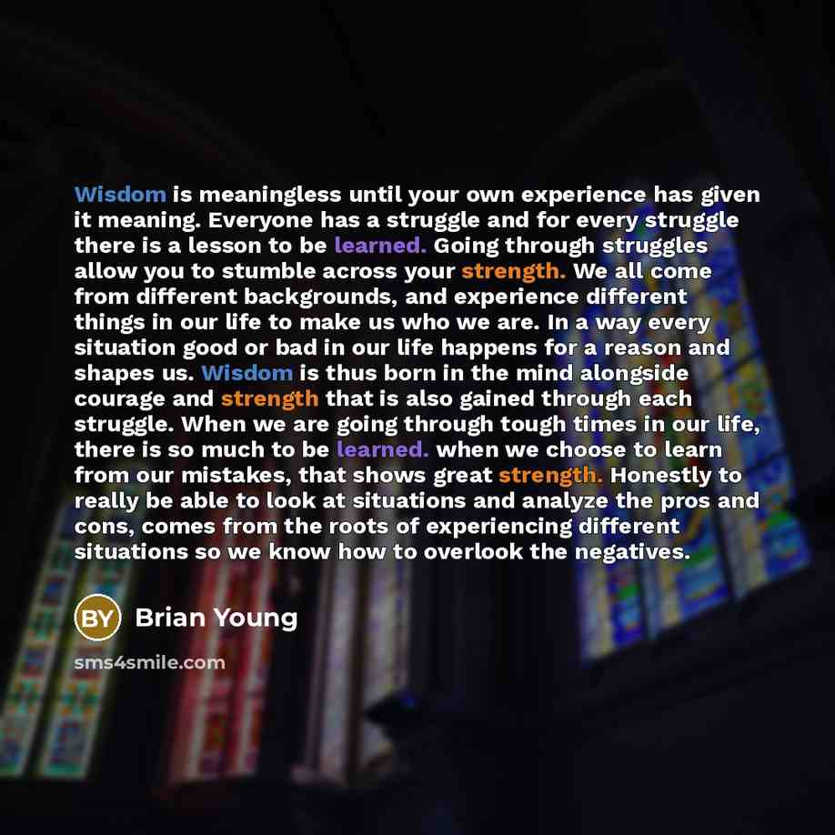 “Wisdom is meaningless until your own experience has given it meaning. Everyone has a struggle and for every struggle there is a lesson to be learned. Going through struggles allow you to stumble across your strength. We all come from different backgrounds, and experience different things in our…” quote by Brian Young