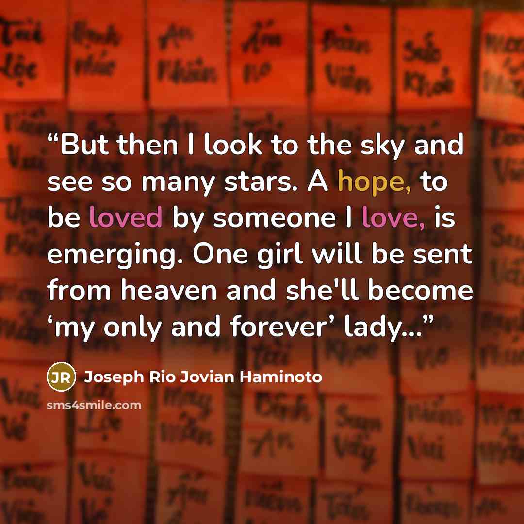 “But then I look to the sky and see so many stars. A hope, to be loved by someone I love, is emerging. One girl will be sent from heaven and she'll become ‘my only and forever’ lady…” quote by Joseph Rio Jovian Haminoto
