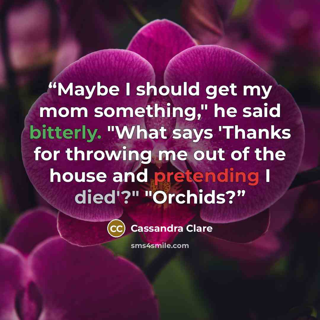 “Maybe I should get my mom something," he said bitterly. "What says 'Thanks for throwing me out of the house and pretending I died'?" "Orchids?” quote by Cassandra Clare