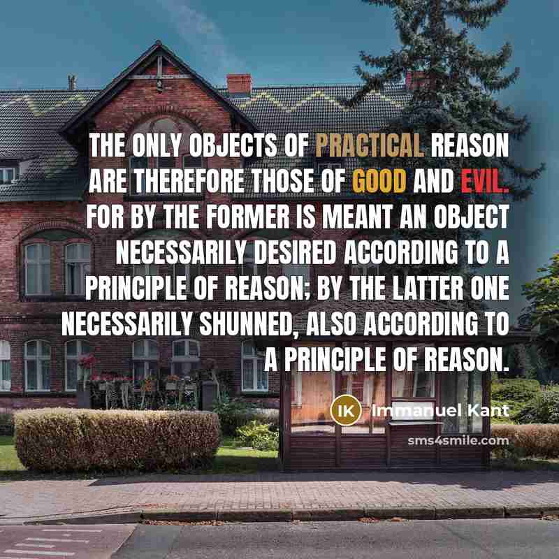 “The only objects of practical reason are therefore those of good and evil. For by the former is meant an object necessarily desired according to a principle of reason; by the latter one necessarily shunned, also according to a principle of reason.” quote by Immanuel Kant