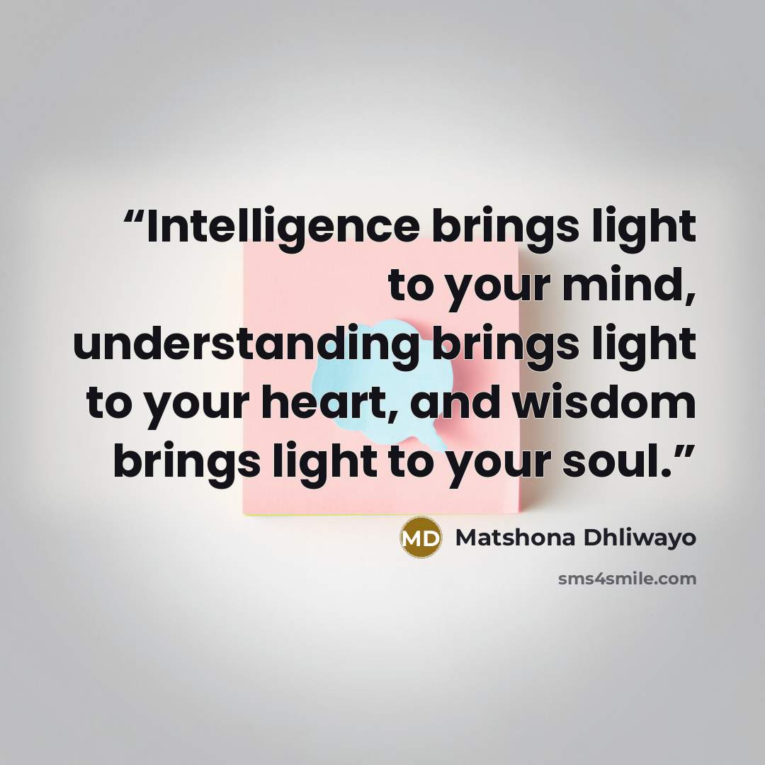 “Intelligence brings light to your mind, understanding brings light to your heart, and wisdom brings light to your soul.” quote by Matshona Dhliwayo