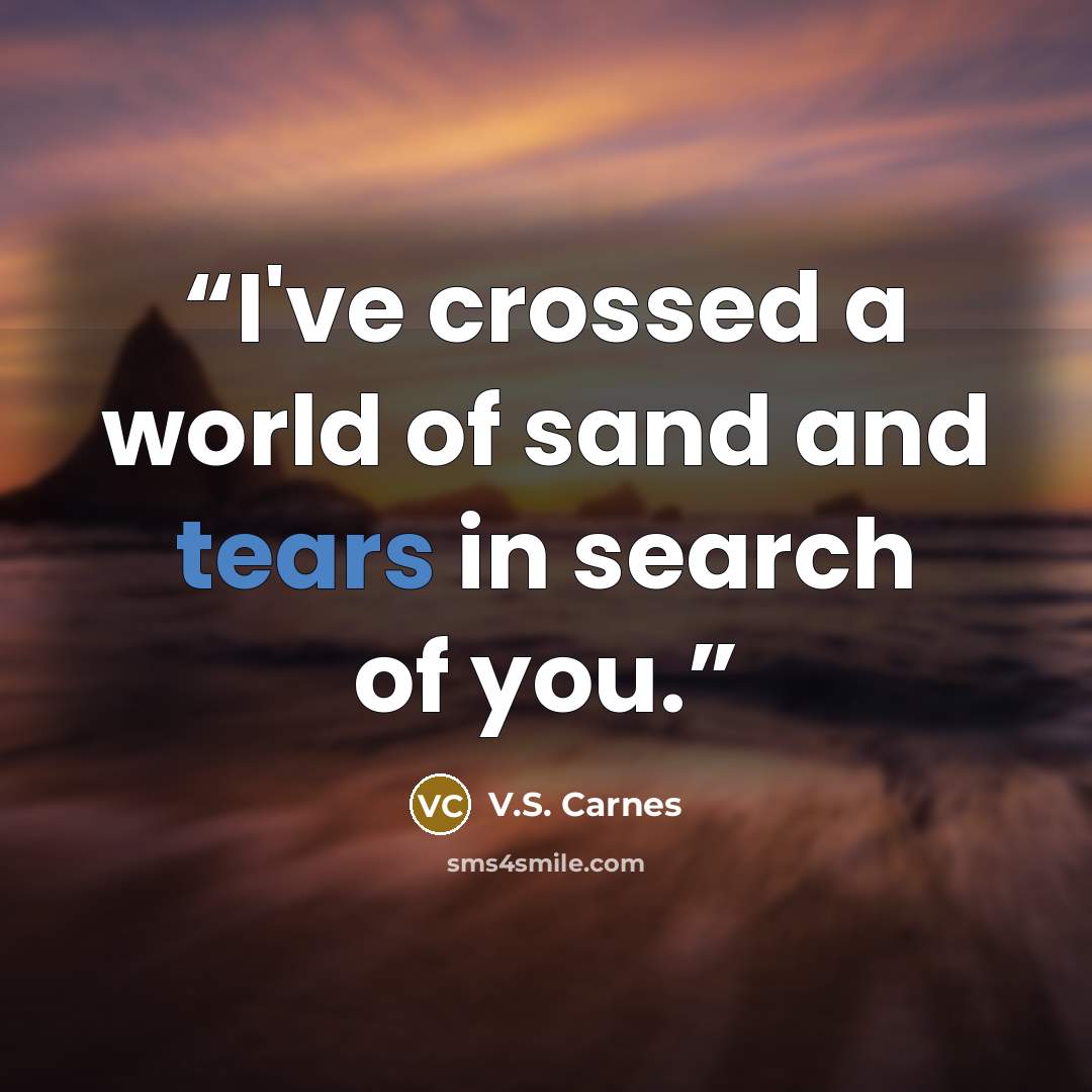 “I've crossed a world of sand and tears in search of you.” quote by V.S. Carnes