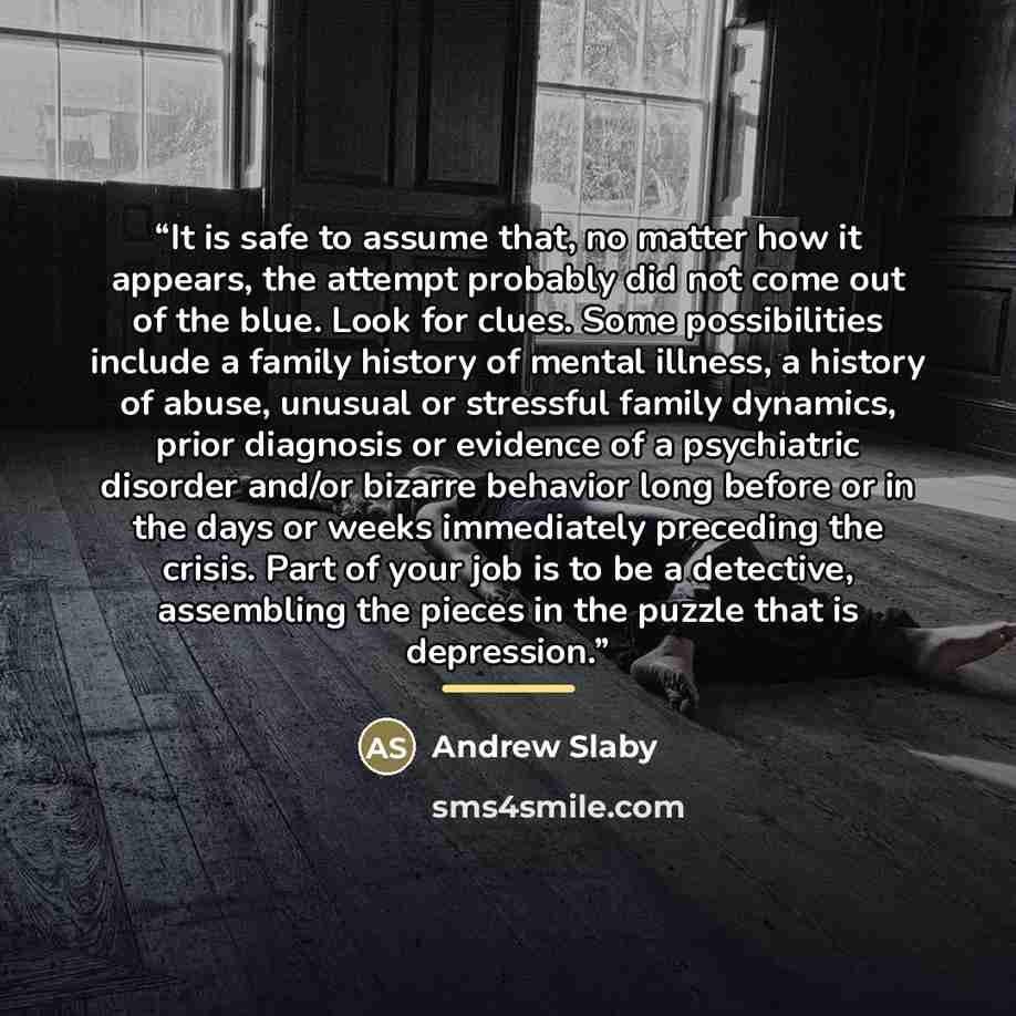 “It is safe to assume that, no matter how it appears, the attempt probably did not come out of the blue. Look for clues. Some possibilities include a family history of mental illness, a history of abuse, unusual or stressful family dynamics, prior diagnosis or evidence of a psychiatric disorder…” quote by Andrew Slaby