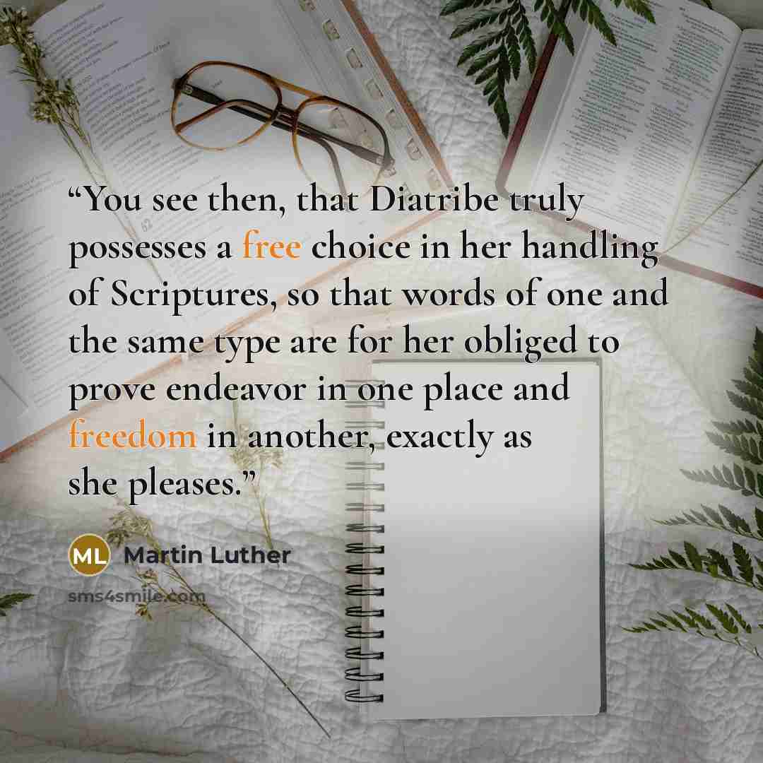 “You see then, that Diatribe truly possesses a free choice in her handling of Scriptures, so that words of one and the same type are for her obliged to prove endeavor in one place and freedom in another, exactly as she pleases.” quote by Martin Luther