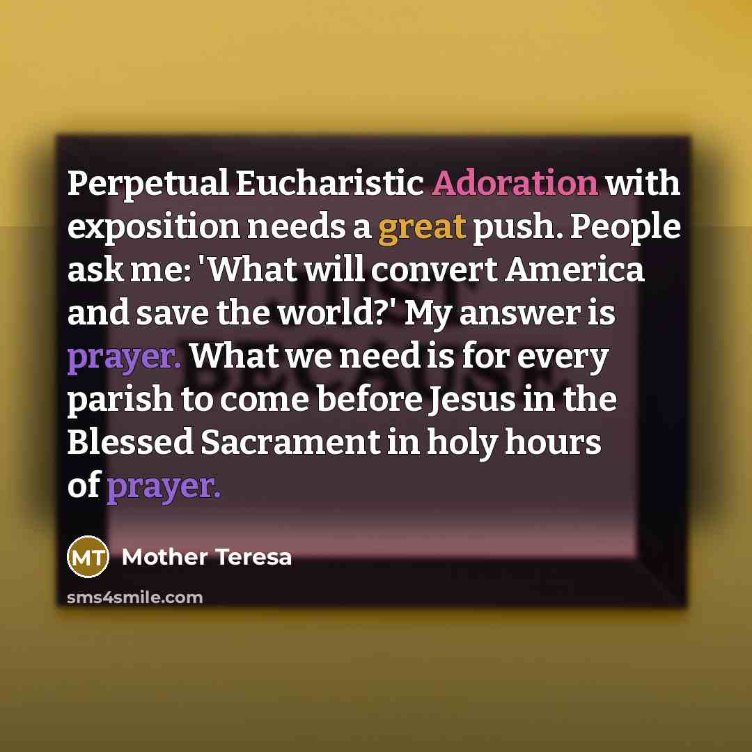 “Perpetual Eucharistic Adoration with exposition needs a great push. People ask me: 'What will convert America and save the world?' My answer is prayer. What we need is for every parish to come before Jesus in the Blessed Sacrament in holy hours of prayer.” quote by Mother Teresa