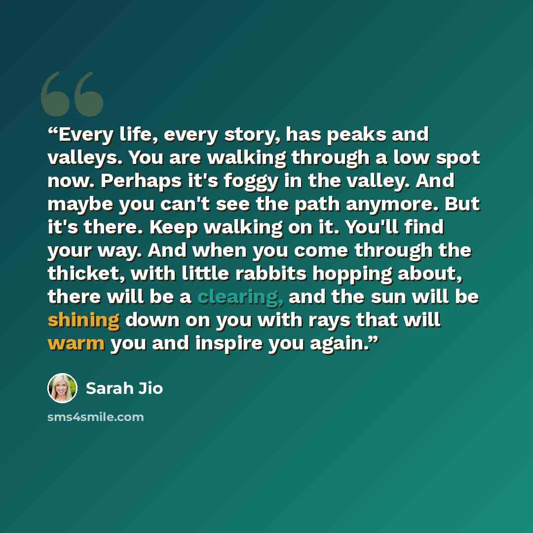 “Every life, every story, has peaks and valleys. You are walking through a low spot now. Perhaps it's foggy in the valley. And maybe you can't see the path anymore. But it's there. Keep walking on it. You'll find your way. And when you come through the thicket, with little rabbits hopping about…” quote by Sarah Jio
