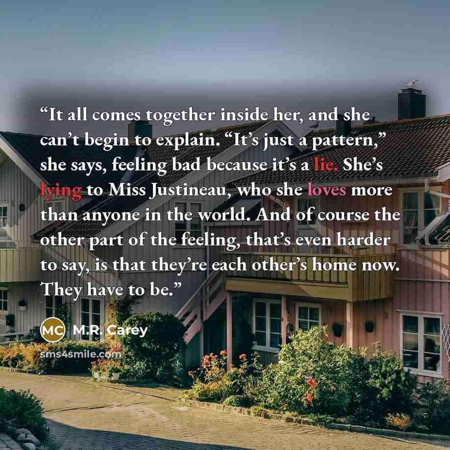 “It all comes together inside her, and she can’t begin to explain. “It’s just a pattern,” she says, feeling bad because it’s a lie. She’s lying to Miss Justineau, who she loves more than anyone in the world. And of course the other part of the feeling, that’s even harder to say, is that they’re…” quote by M.R. Carey