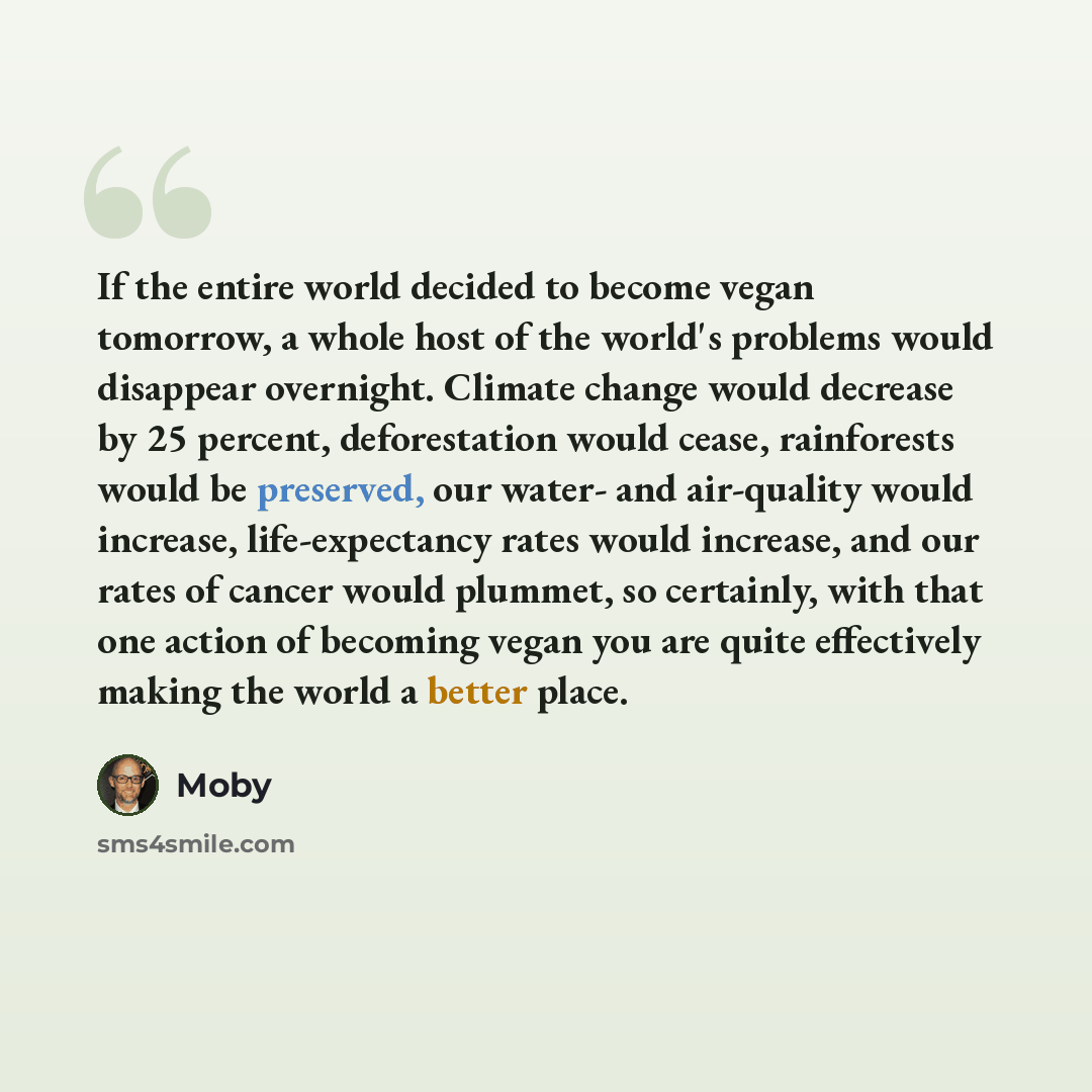 “If the entire world decided to become vegan tomorrow, a whole host of the world's problems would disappear overnight. Climate change would decrease by 25 percent, deforestation would cease, rainforests would be preserved, our water- and air-quality would increase, life-expectancy rates would…” quote by Moby