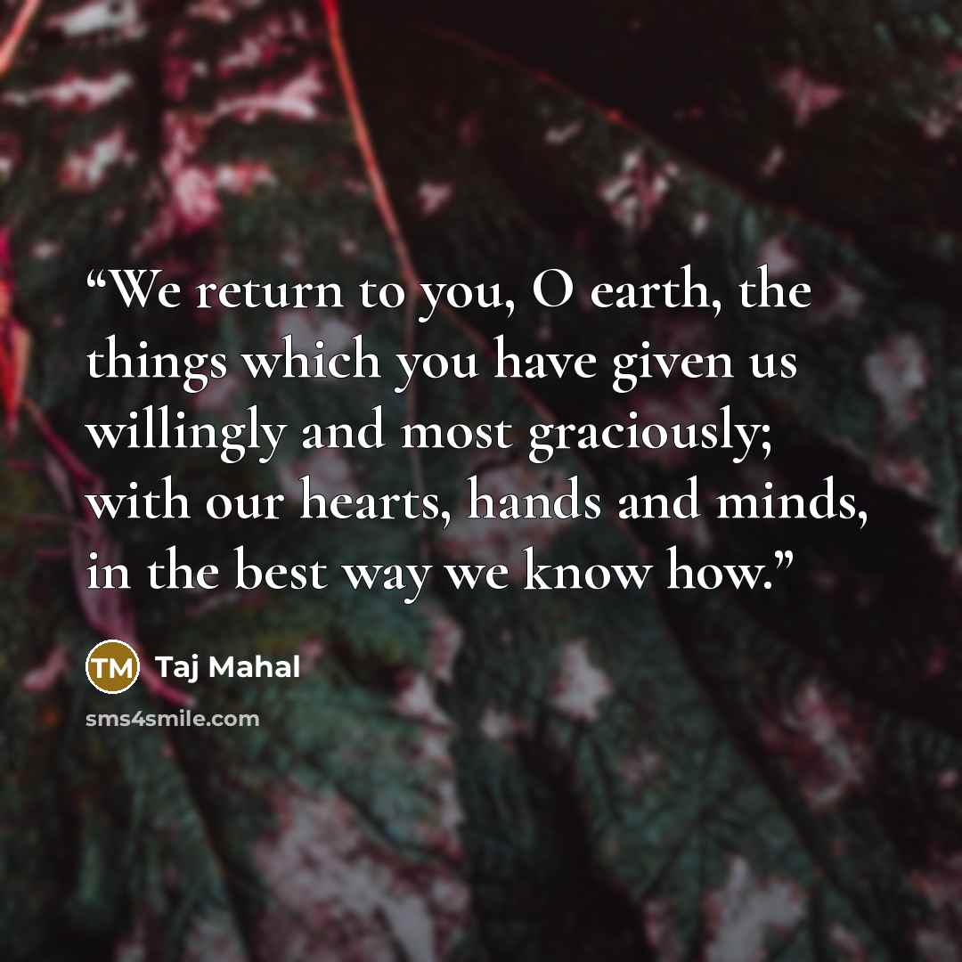 “We return to you, O earth, the things which you have given us willingly and most graciously; with our hearts, hands and minds, in the best way we know how.” quote by Taj Mahal