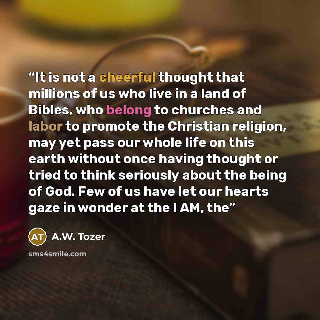 “It is not a cheerful thought that millions of us who live in a land of Bibles, who belong to churches and labor to promote the Christian religion, may yet pass our whole life on this earth without once having thought or tried to think seriously about the being of God. Few of us have let our hearts…” quote by A.W. Tozer