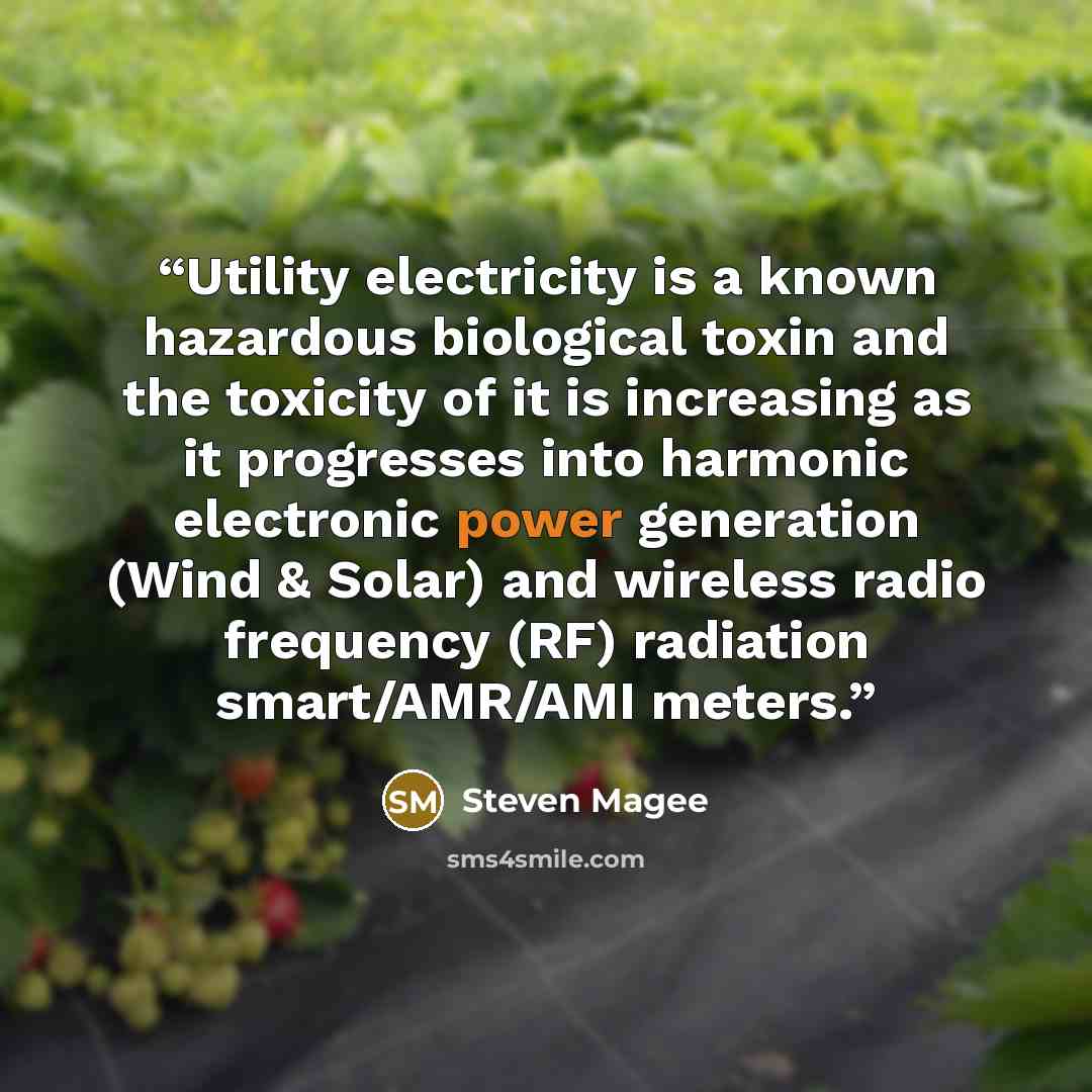 “Utility electricity is a known hazardous biological toxin and the toxicity of it is increasing as it progresses into harmonic electronic power generation (Wind & Solar) and wireless radio frequency (RF) radiation smart/AMR/AMI meters.” quote by Steven Magee