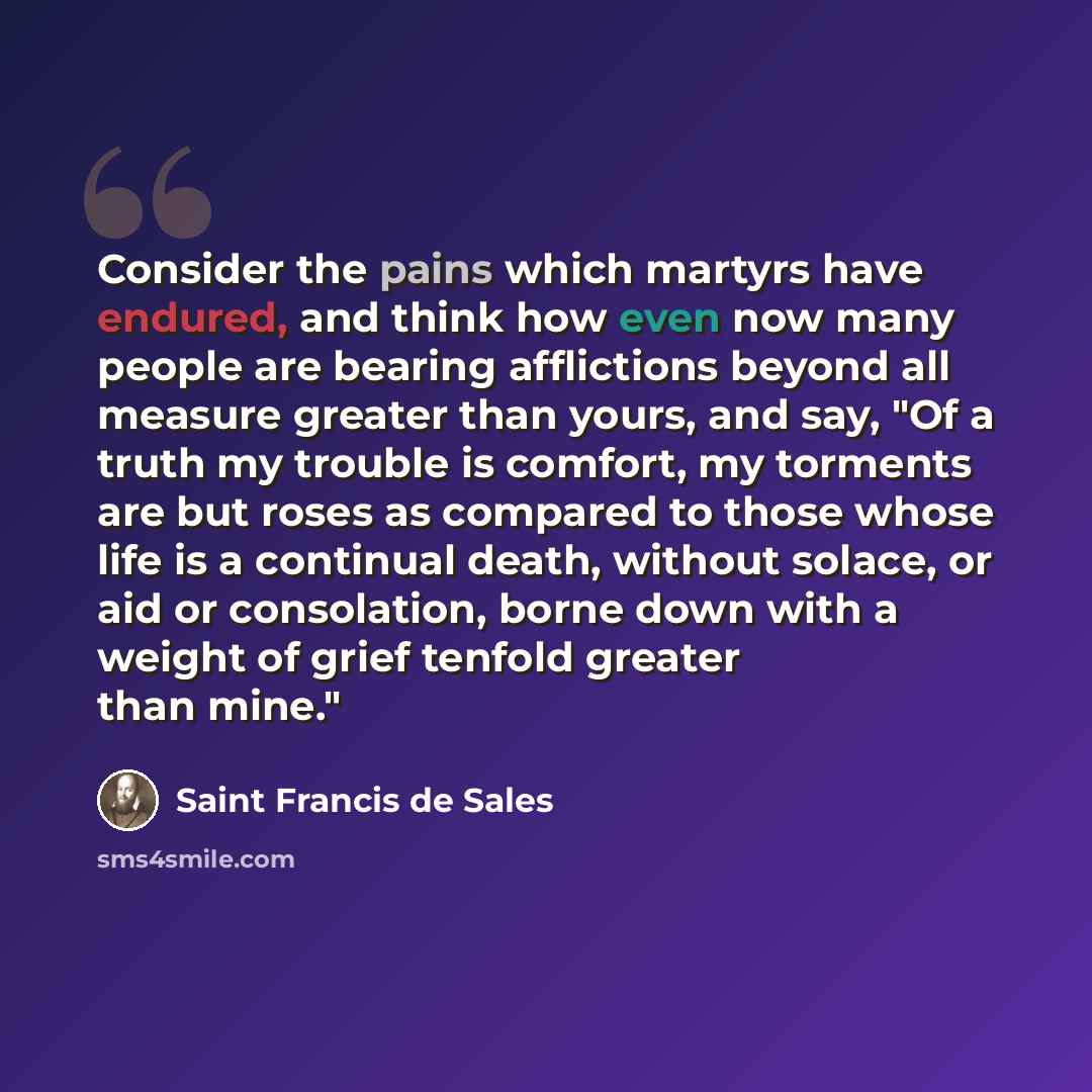 “Consider the pains which martyrs have endured, and think how even now many people are bearing afflictions beyond all measure greater than yours, and say, "Of a truth my trouble is comfort, my torments are but roses as compared to those whose life is a continual death, without solace, or aid or…” quote by Saint Francis de Sales