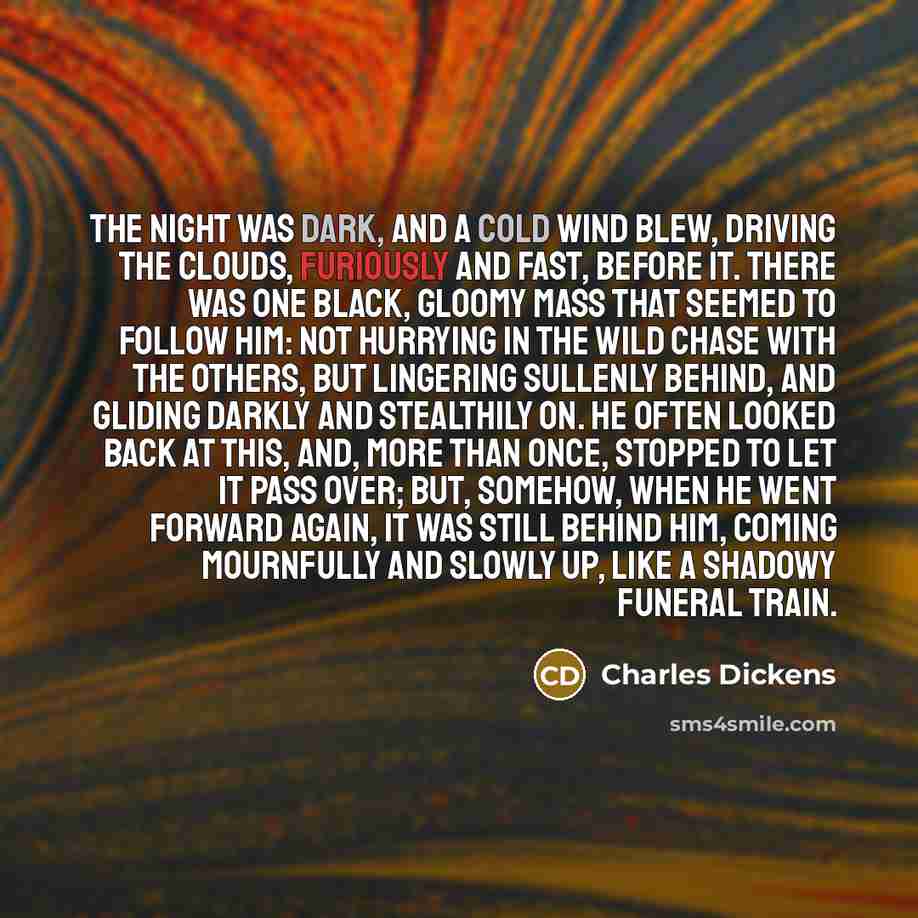 “The night was dark, and a cold wind blew, driving the clouds, furiously and fast, before it. There was one black, gloomy mass that seemed to follow him: not hurrying in the wild chase with the others, but lingering sullenly behind, and gliding darkly and stealthily on. He often looked back at…” quote by Charles Dickens