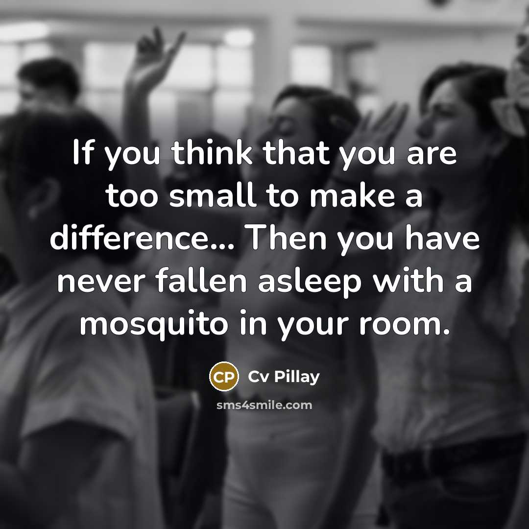 “If you think that you are too small to make a difference... Then you have never fallen asleep with a mosquito in your room.” quote by Cv Pillay