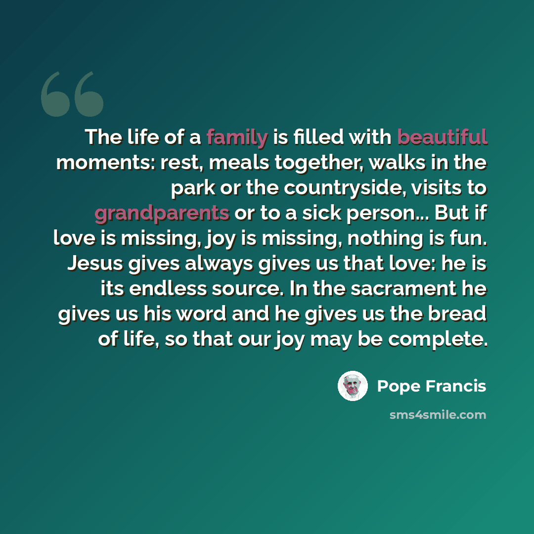 “The life of a family is filled with beautiful moments: rest, meals together, walks in the park or the countryside, visits to grandparents or to a sick person... But if love is missing, joy is missing, nothing is fun. Jesus gives always gives us that love: he is its endless source. In the sacrament…” quote by Pope Francis