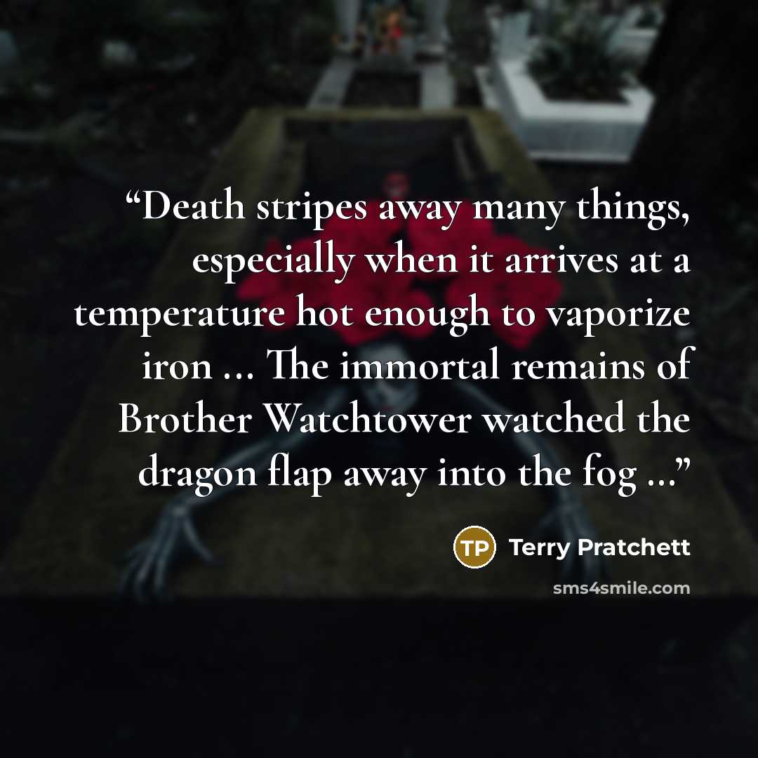 “Death stripes away many things, especially when it arrives at a temperature hot enough to vaporize iron ... The immortal remains of Brother Watchtower watched the dragon flap away into the fog …” quote by Terry Pratchett