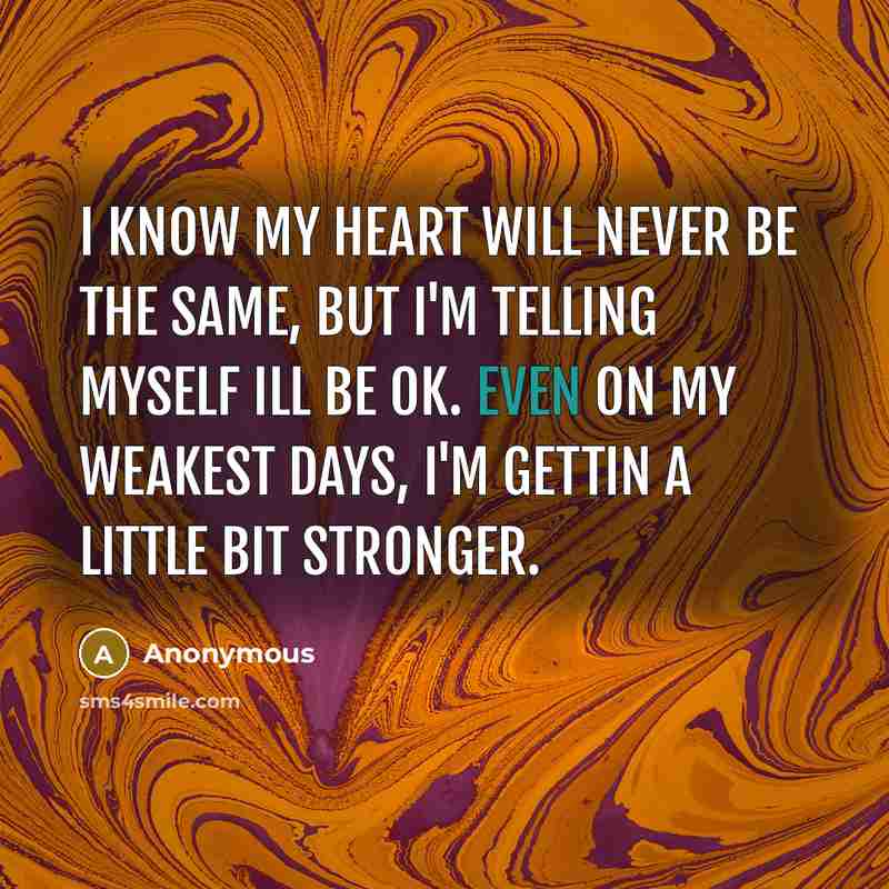 “I know my heart will never be the same, but I'm telling myself ill be ok. Even on my weakest days, I'm gettin a little bit stronger.” quote by Anonymous