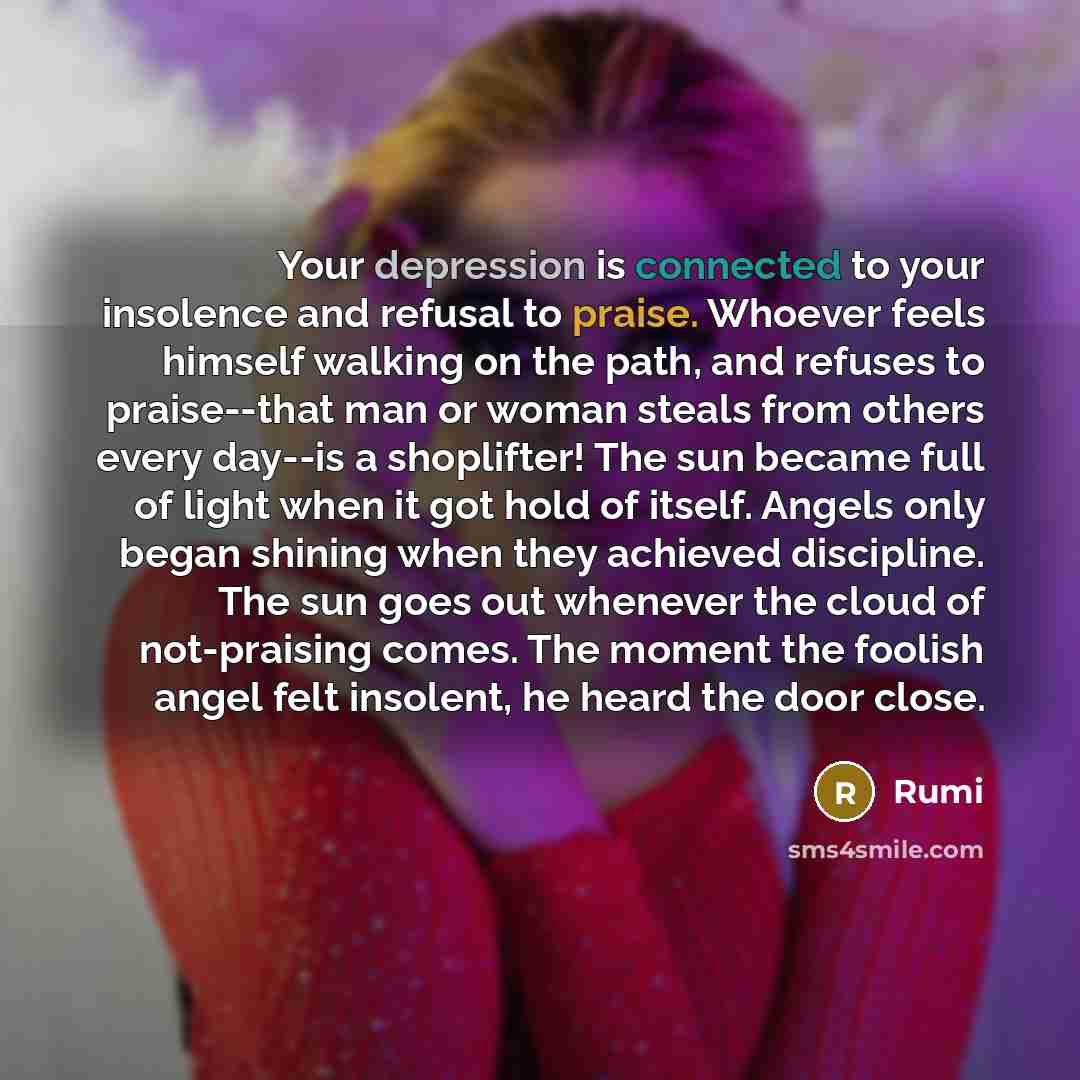 “Your depression is connected to your insolence and refusal to praise. Whoever feels himself walking on the path, and refuses to praise--that man or woman steals from others every day--is a shoplifter! The sun became full of light when it got hold of itself. Angels only began shining when they…” quote by Rumi