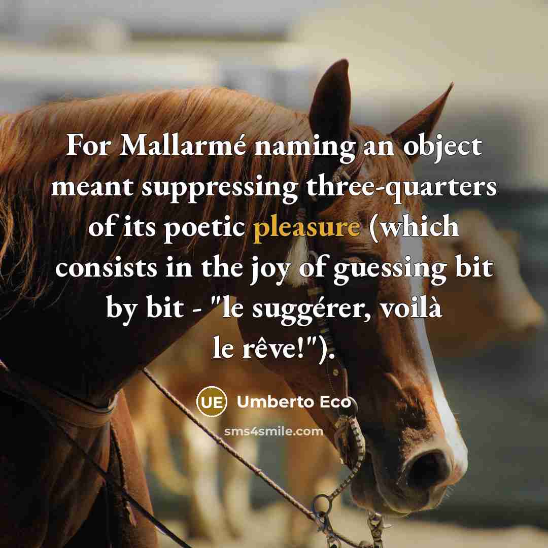 “For Mallarmé naming an object meant suppressing three-quarters of its poetic pleasure (which consists in the joy of guessing bit by bit - "le suggérer, voilà le rêve!").” quote by Umberto Eco