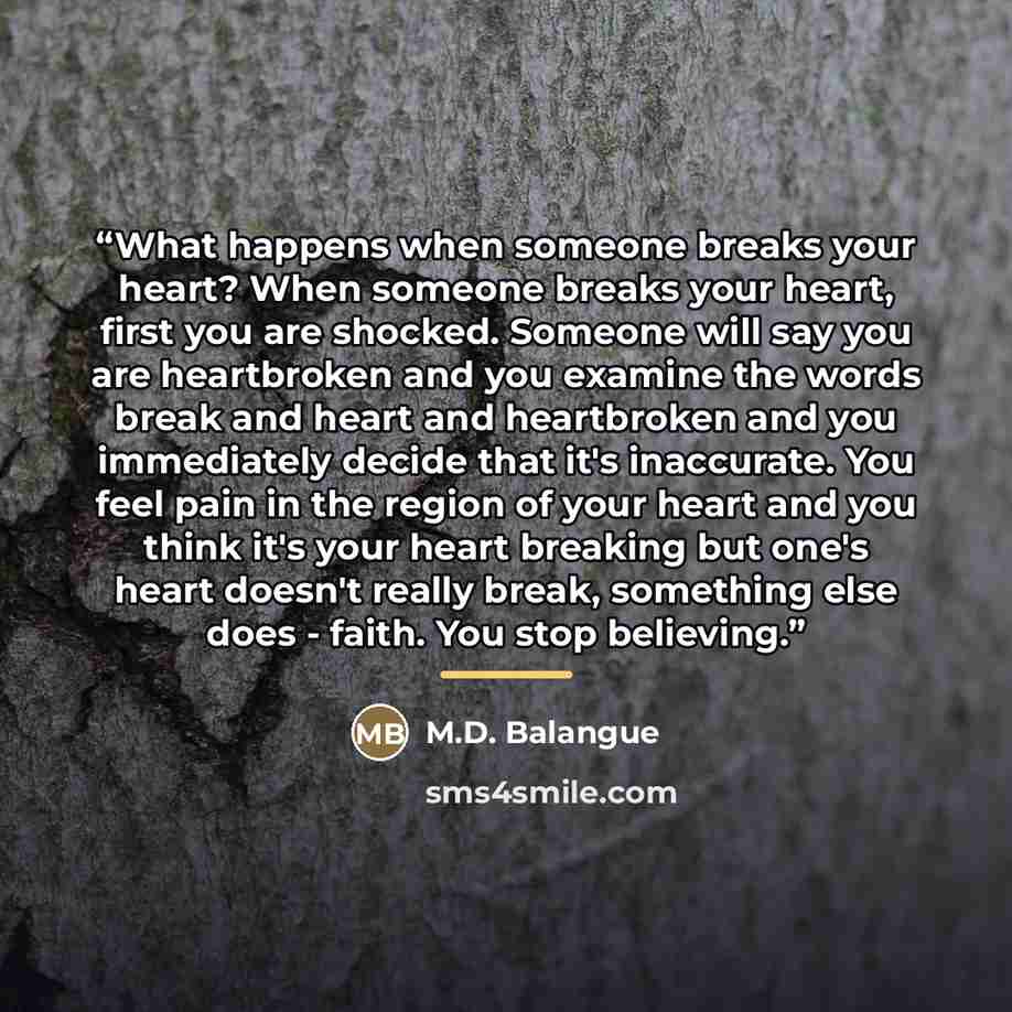 “What happens when someone breaks your heart? When someone breaks your heart, first you are shocked. Someone will say you are heartbroken and you examine the words break and heart and heartbroken and you immediately decide that it's inaccurate. You feel pain in the region of your heart and you…” quote by M.D. Balangue