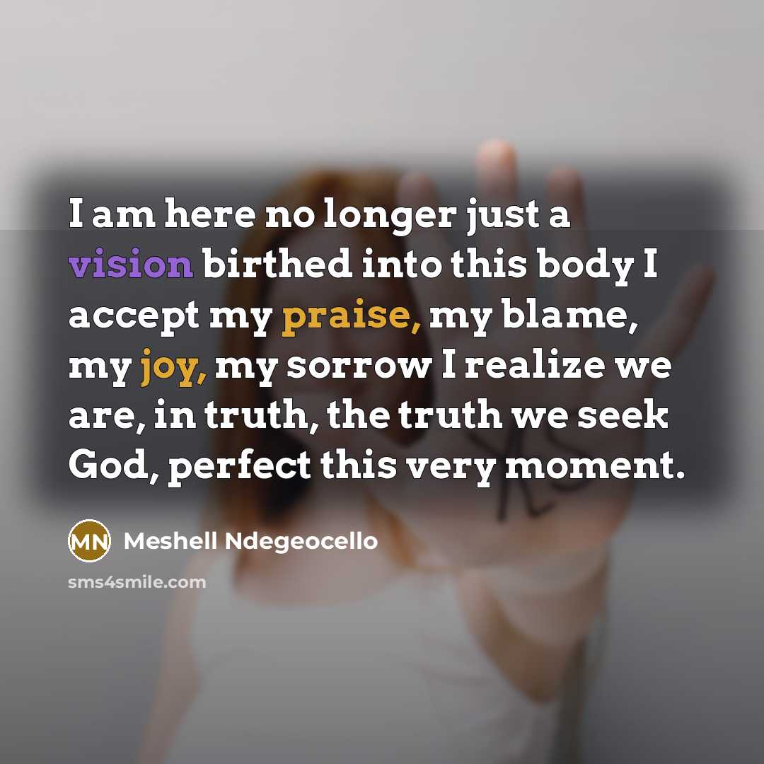 “I am here no longer just a vision birthed into this body I accept my praise, my blame, my joy, my sorrow I realize we are, in truth, the truth we seek God, perfect this very moment.” quote by Meshell Ndegeocello