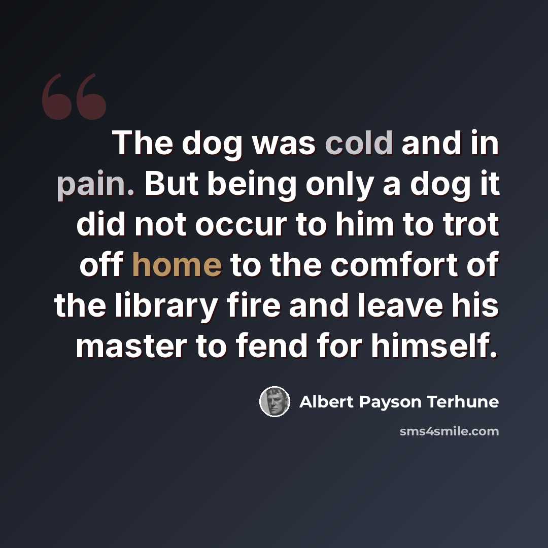 “The dog was cold and in pain. But being only a dog it did not occur to him to trot off home to the comfort of the library fire and leave his master to fend for himself.” quote by Albert Payson Terhune