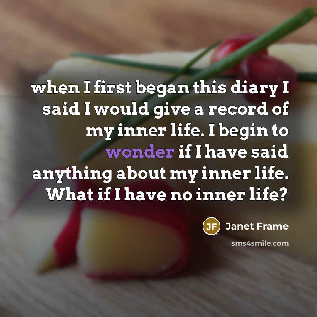 “when I first began this diary I said I would give a record of my inner life. I begin to wonder if I have said anything about my inner life. What if I have no inner life?” quote by Janet Frame
