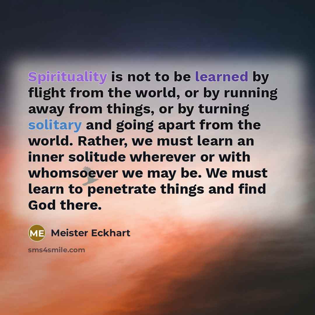 “Spirituality is not to be learned by flight from the world, or by running away from things, or by turning solitary and going apart from the world. Rather, we must learn an inner solitude wherever or with whomsoever we may be. We must learn to penetrate things and find God there.” quote by Meister Eckhart