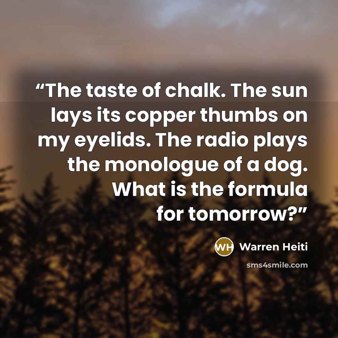 “The taste of chalk. The sun lays its copper thumbs on my eyelids. The radio plays the monologue of a dog. What is the formula for tomorrow?” quote by Warren Heiti