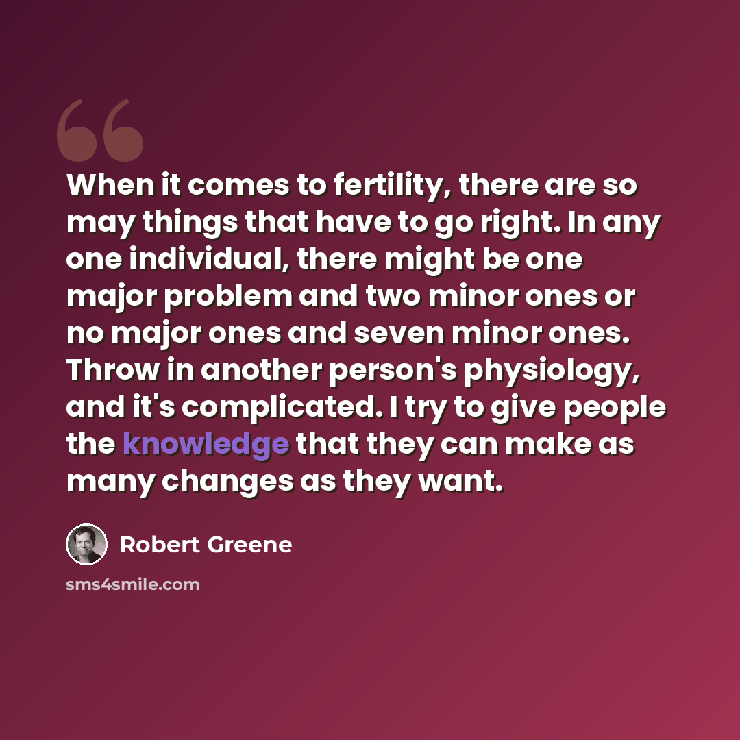 “When it comes to fertility, there are so may things that have to go right. In any one individual, there might be one major problem and two minor ones or no major ones and seven minor ones. Throw in another person's physiology, and it's complicated. I try to give people the knowledge that they can…” quote by Robert Greene